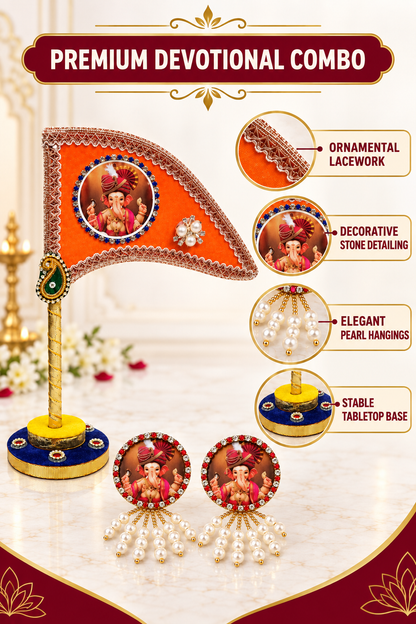 Ganesh Ji Dhwaja Orange with 2 brooch | Ganpati Ganesh Flag for Home Temple, Office & Puja Decoration | Decorative Tabletop Ganesh Ji Flag with Free Ganesh Ji Brooch