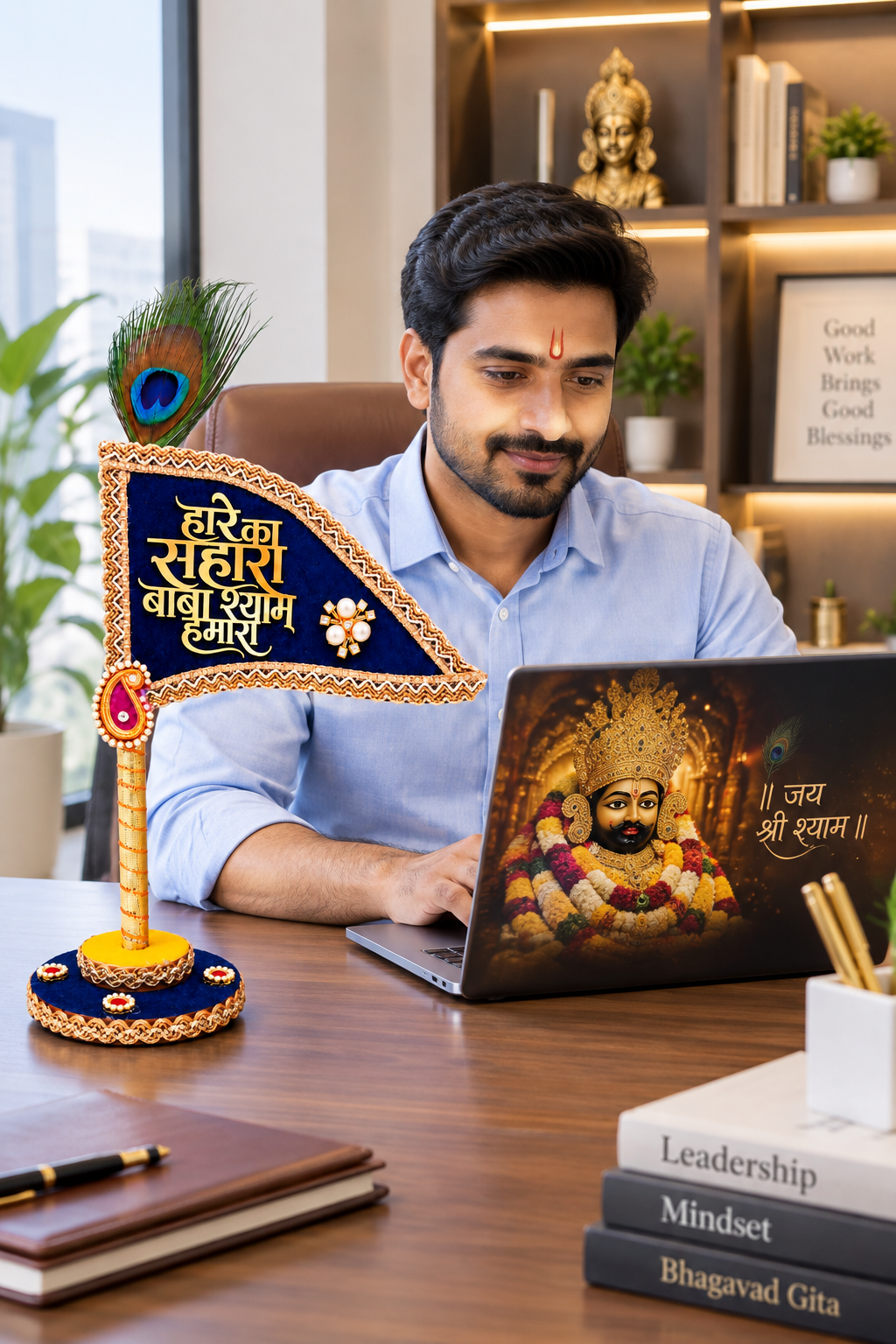 Haare ka Sahara Premium Shyam Baba Nishan Stand with Peacock Feather & Velvet Flag for Home Temple Decoration