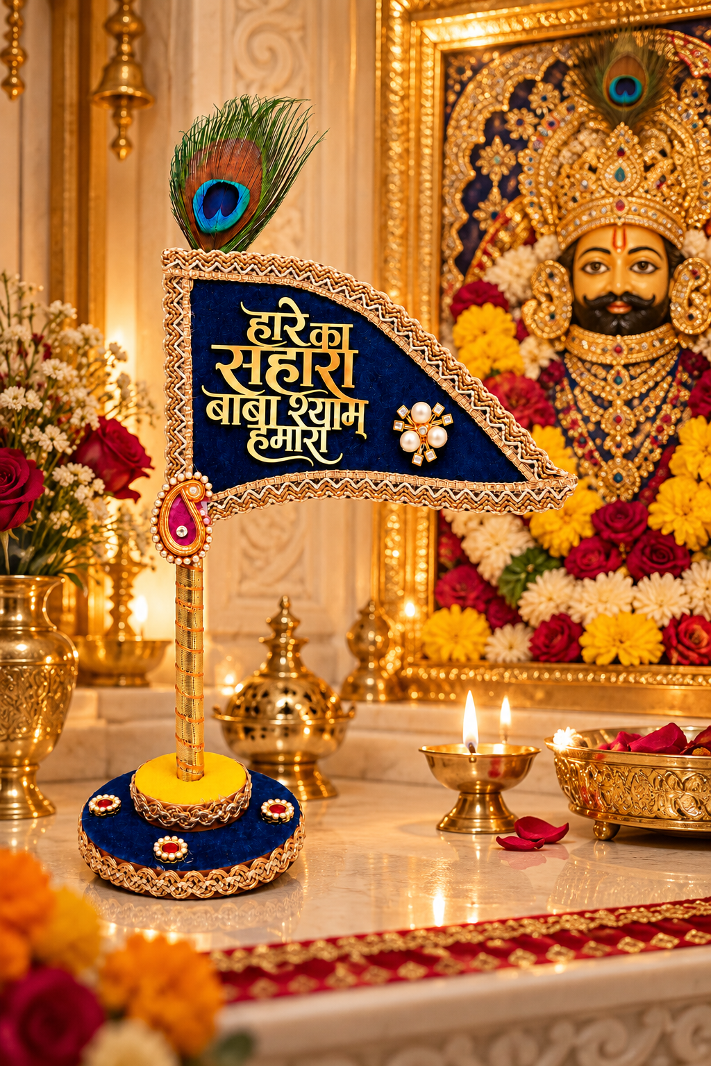 Haare ka Sahara Premium Shyam Baba Nishan Stand with Peacock Feather & Velvet Flag for Home Temple Decoration