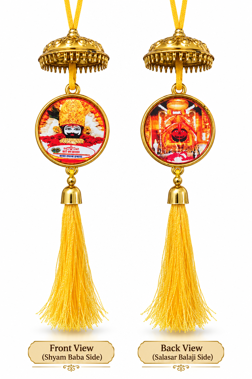 Shyam Baba & Salasar Balaji Double-Sided Car Hanging | Khatu Shyam Ji Car Hanging with Yellow Tassel | Religious Car Rear View Mirror Hanging | Devotional Car & Shop Decoration