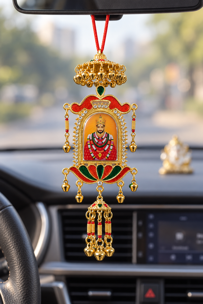 Khatu Shyam Baba Car Hanging for Rear View Mirror | Jai Shree Shyam Double-Sided Pure Metal Decorative Hanging with Bells & Latkan | Devotional Car Decoration & Gift