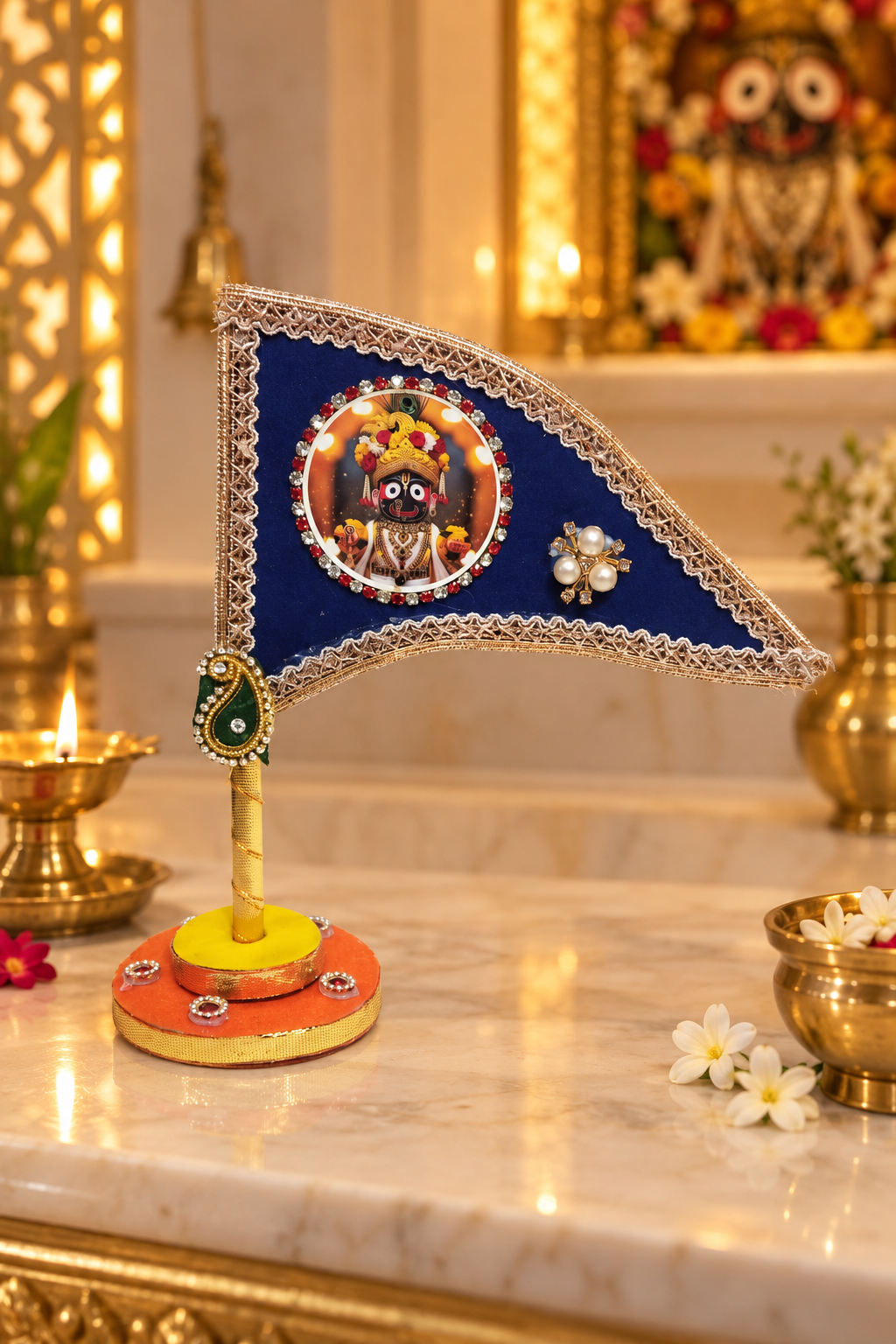 Lord Jagannath Ji Car Dashboard Nishan Dhwaja – Blue Decorative Flag with Stand for Home Mandir, Office & Religious Gifting
