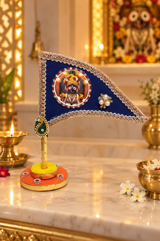 Lord Jagannath Ji Car Dashboard Nishan Dhwaja – Blue Decorative Flag with Stand for Home Mandir, Office & Religious Gifting