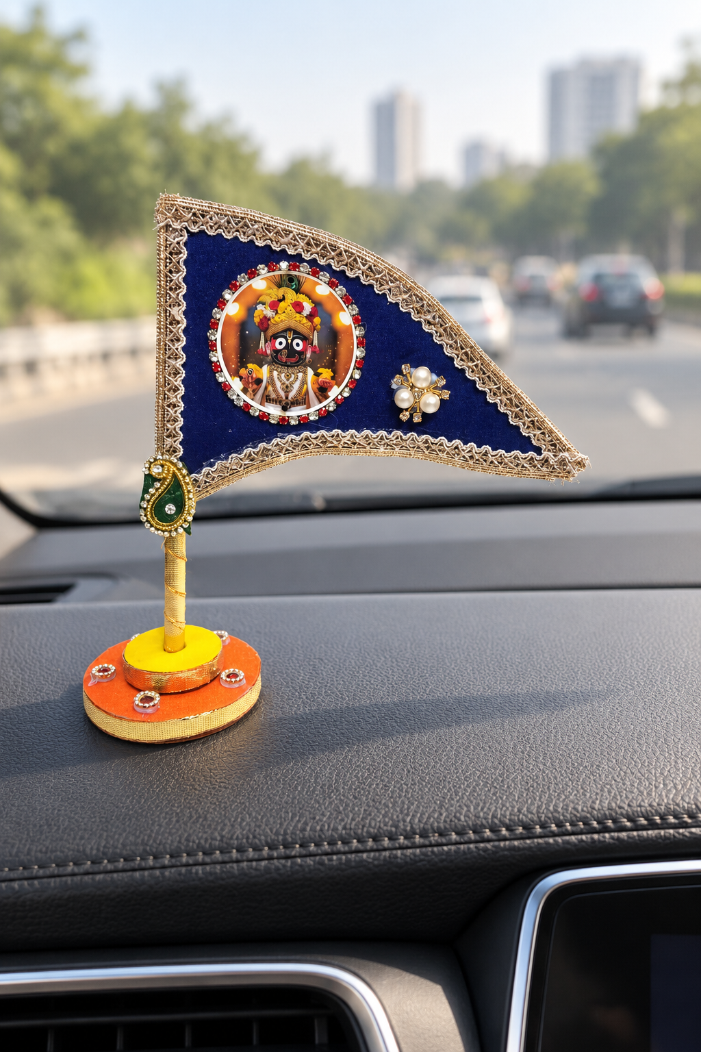 Lord Jagannath Ji Car Dashboard Nishan Dhwaja – Blue Decorative Flag with Stand for Home Mandir, Office & Religious Gifting