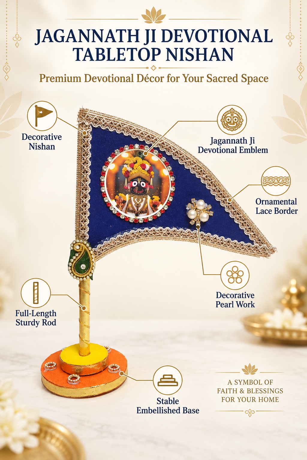 Lord Jagannath Ji Car Dashboard Nishan Dhwaja – Blue Decorative Flag with Stand for Home Mandir, Office & Religious Gifting