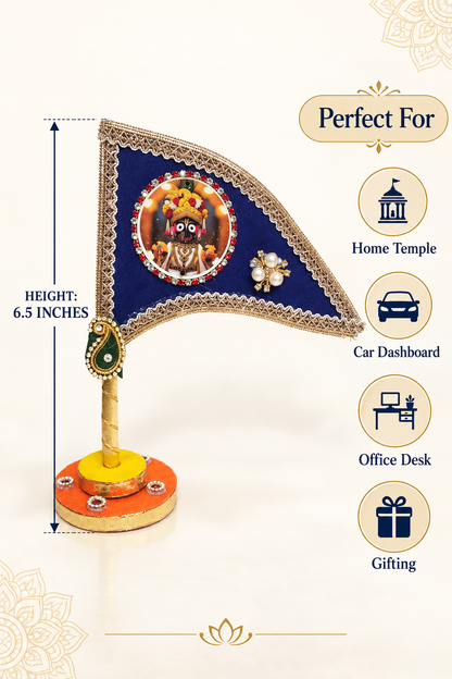 Lord Jagannath Ji Car Dashboard Nishan Dhwaja – Blue Decorative Flag with Stand for Home Mandir, Office & Religious Gifting