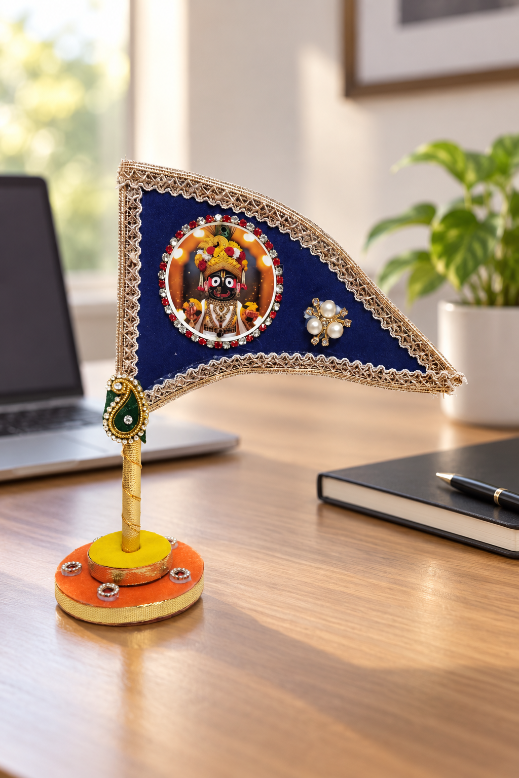 Lord Jagannath Ji Car Dashboard Nishan Dhwaja – Blue Decorative Flag with Stand for Home Mandir, Office & Religious Gifting