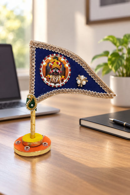 Lord Jagannath Ji Car Dashboard Nishan Dhwaja – Blue Decorative Flag with Stand for Home Mandir, Office & Religious Gifting