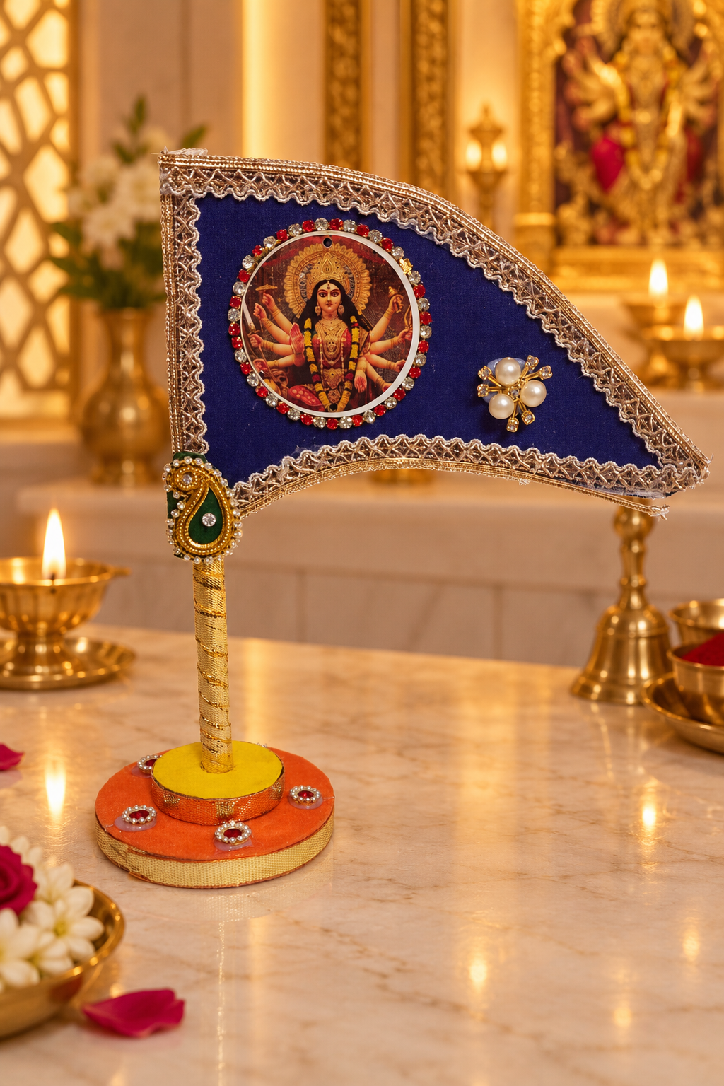 Durga Maa Car Dashboard Nishan Dhwaja – Blue Mata Rani Decorative Flag with Stand for Home Mandir, Office & Navratri Gift