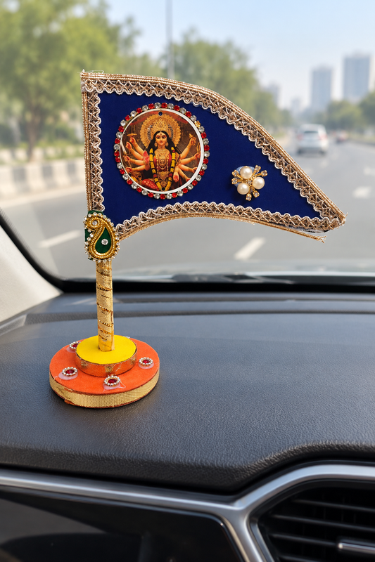 Durga Maa Car Dashboard Nishan Dhwaja – Blue Mata Rani Decorative Flag with Stand for Home Mandir, Office & Navratri Gift