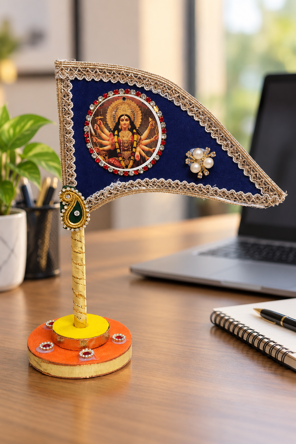 Durga Maa Car Dashboard Nishan Dhwaja – Blue Mata Rani Decorative Flag with Stand for Home Mandir, Office & Navratri Gift