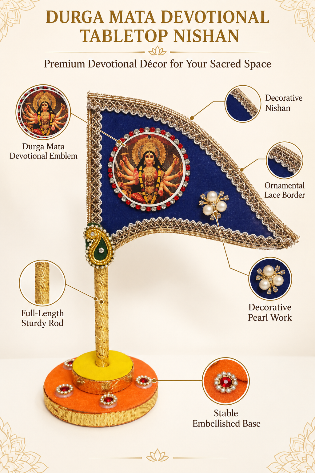Durga Maa Car Dashboard Nishan Dhwaja – Blue Mata Rani Decorative Flag with Stand for Home Mandir, Office & Navratri Gift