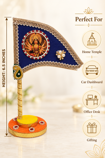 Durga Maa Car Dashboard Nishan Dhwaja – Blue Mata Rani Decorative Flag with Stand for Home Mandir, Office & Navratri Gift