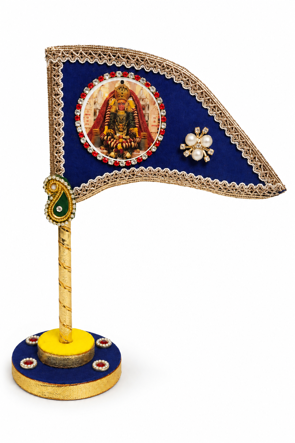 Mata Rani Decorative Tabletop Nishan Dhwaja – Blue Devi Maa Flag with Stand for Car Dashboard, Home Mandir & Office