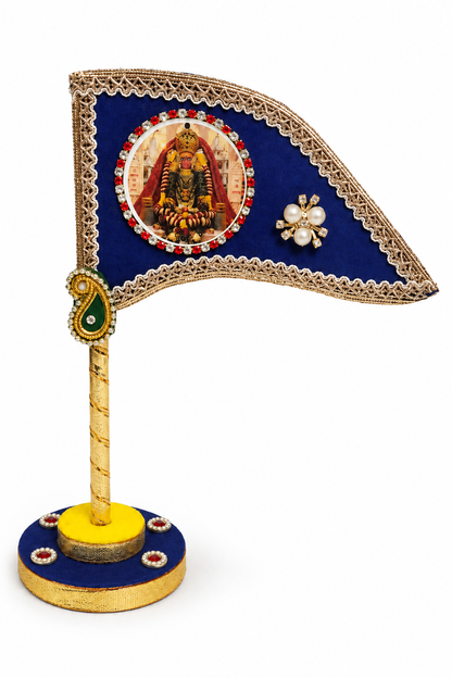 Mata Rani Decorative Tabletop Nishan Dhwaja – Blue Devi Maa Flag with Stand for Car Dashboard, Home Mandir & Office