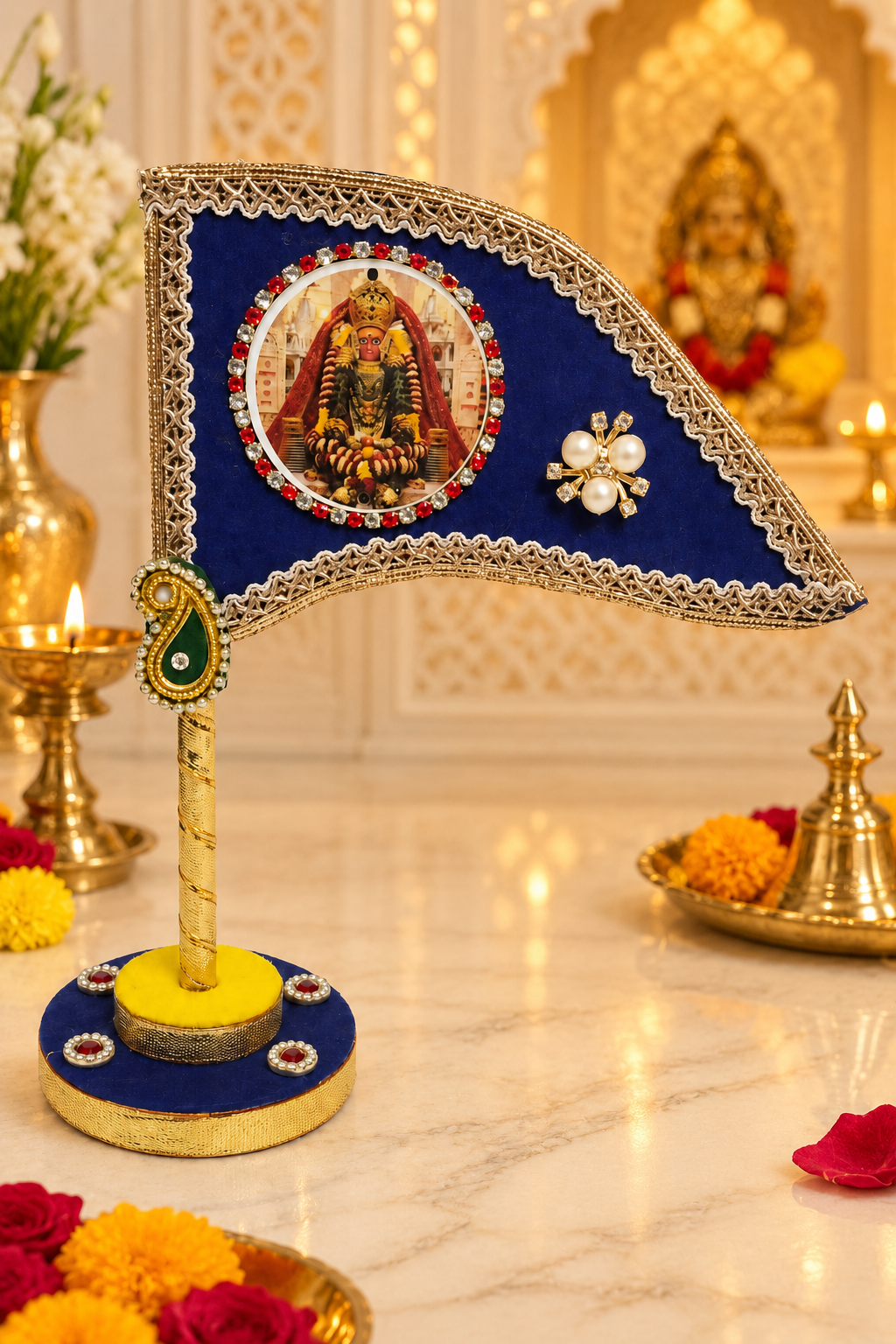 Mata Rani Decorative Tabletop Nishan Dhwaja – Blue Devi Maa Flag with Stand for Car Dashboard, Home Mandir & Office