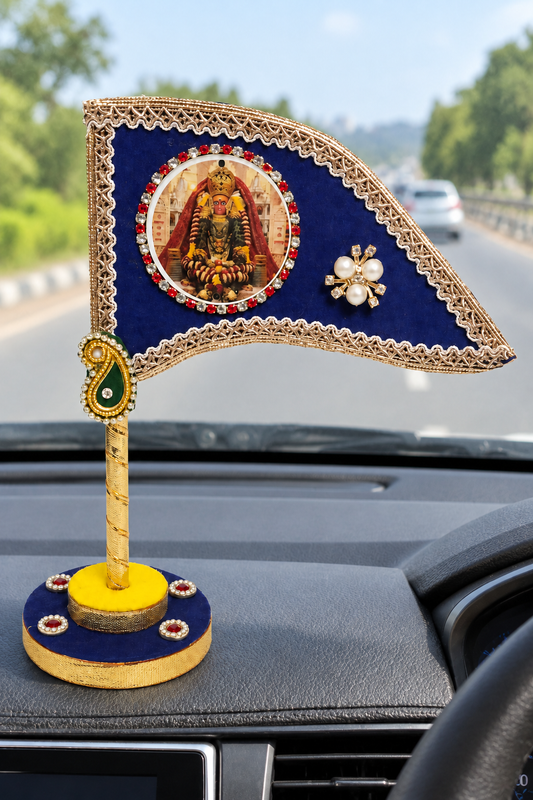 Mata Rani Decorative Tabletop Nishan Dhwaja – Blue Devi Maa Flag with Stand for Car Dashboard, Home Mandir & Office