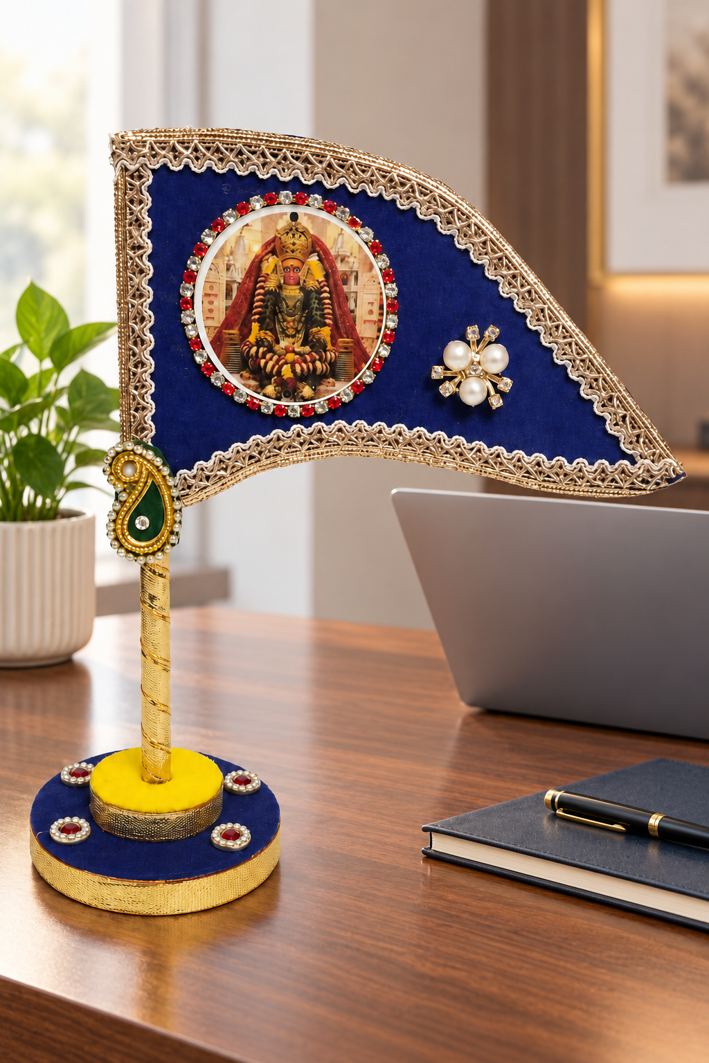 Mata Rani Decorative Tabletop Nishan Dhwaja – Blue Devi Maa Flag with Stand for Car Dashboard, Home Mandir & Office