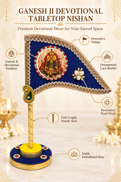 Mata Rani Decorative Tabletop Nishan Dhwaja – Blue Devi Maa Flag with Stand for Car Dashboard, Home Mandir & Office