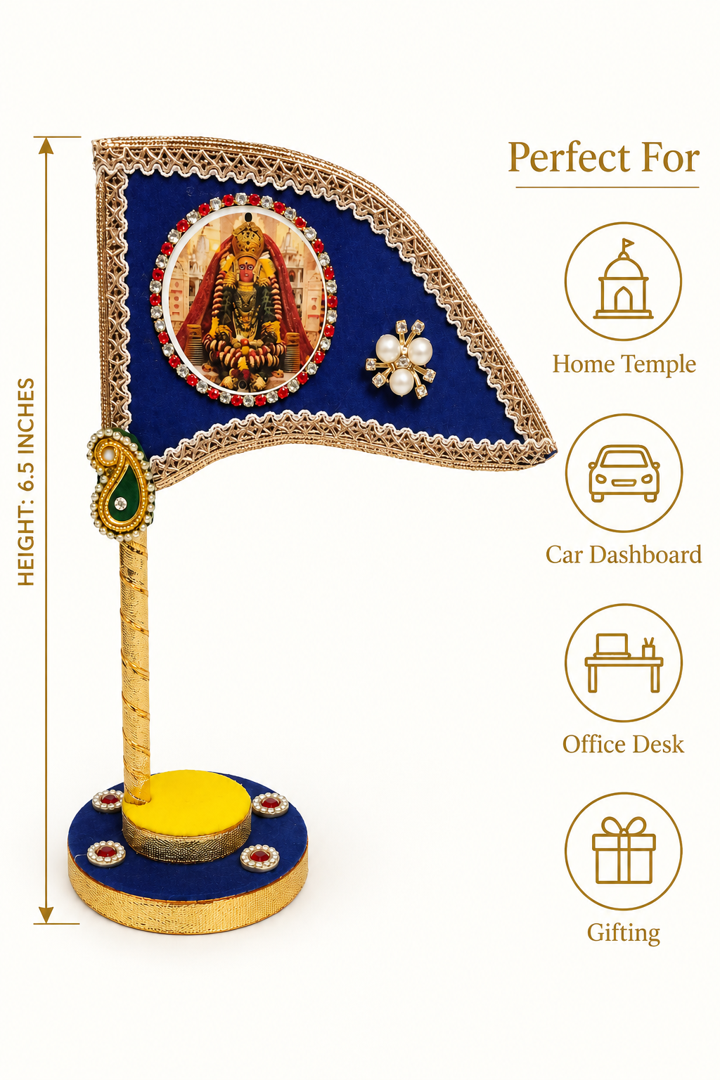 Mata Rani Decorative Tabletop Nishan Dhwaja – Blue Devi Maa Flag with Stand for Car Dashboard, Home Mandir & Office