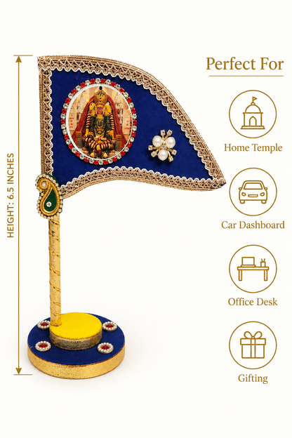Mata Rani Decorative Tabletop Nishan Dhwaja – Blue Devi Maa Flag with Stand for Car Dashboard, Home Mandir & Office