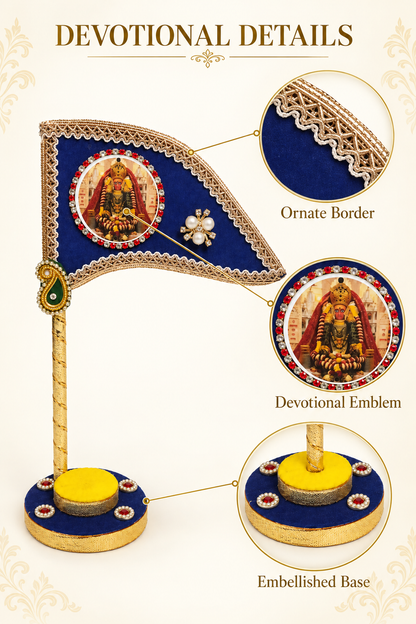 Mata Rani Decorative Tabletop Nishan Dhwaja – Blue Devi Maa Flag with Stand for Car Dashboard, Home Mandir & Office