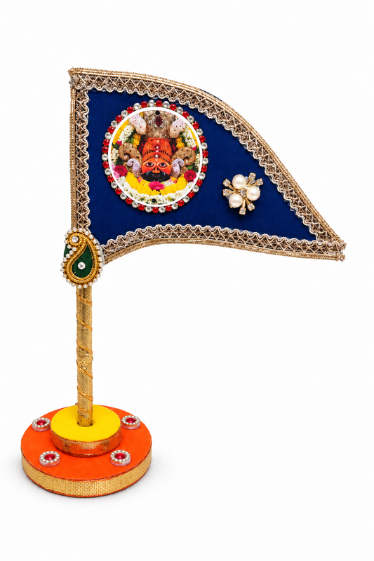Khatu Shyam Ji Decorative Tabletop Nishan Dhwaja – Blue Religious Flag with Stand for Car Dashboard, Home Mandir & Office