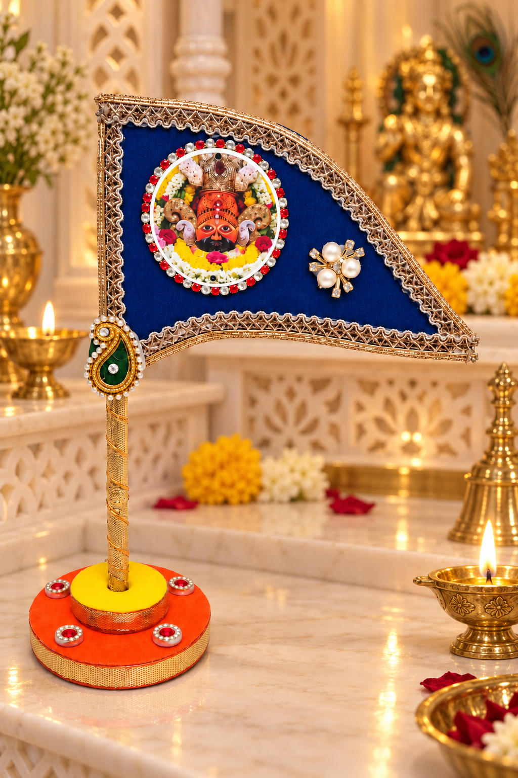Khatu Shyam Ji Decorative Tabletop Nishan Dhwaja – Blue Religious Flag with Stand for Car Dashboard, Home Mandir & Office