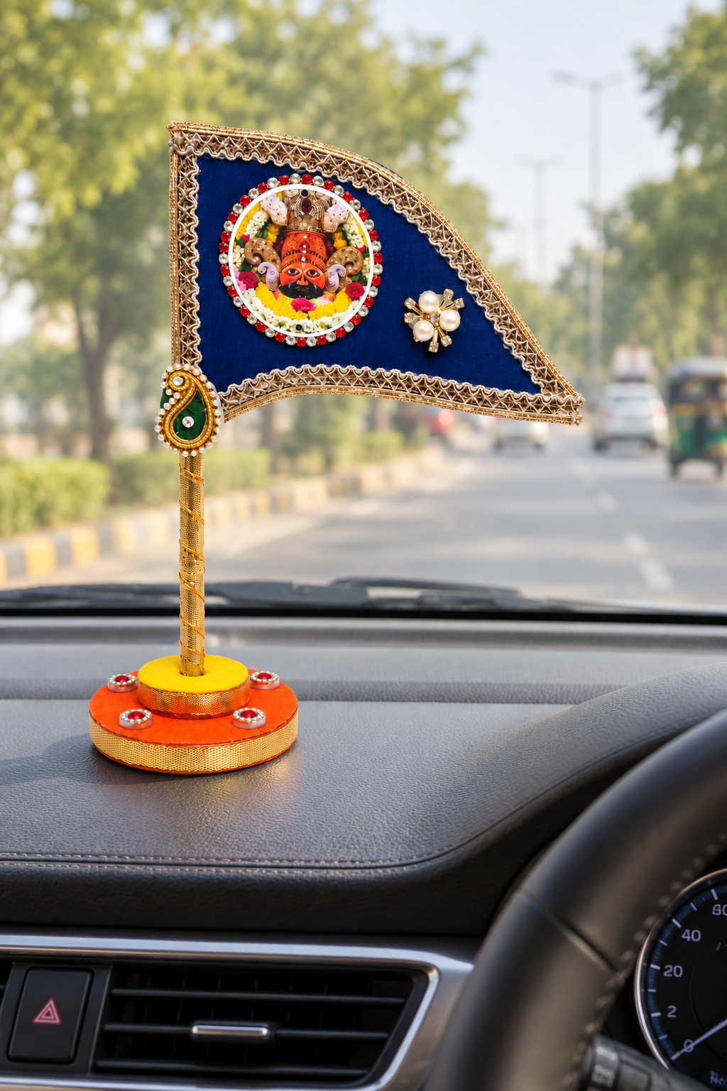 Khatu Shyam Ji Decorative Tabletop Nishan Dhwaja – Blue Religious Flag with Stand for Car Dashboard, Home Mandir & Office