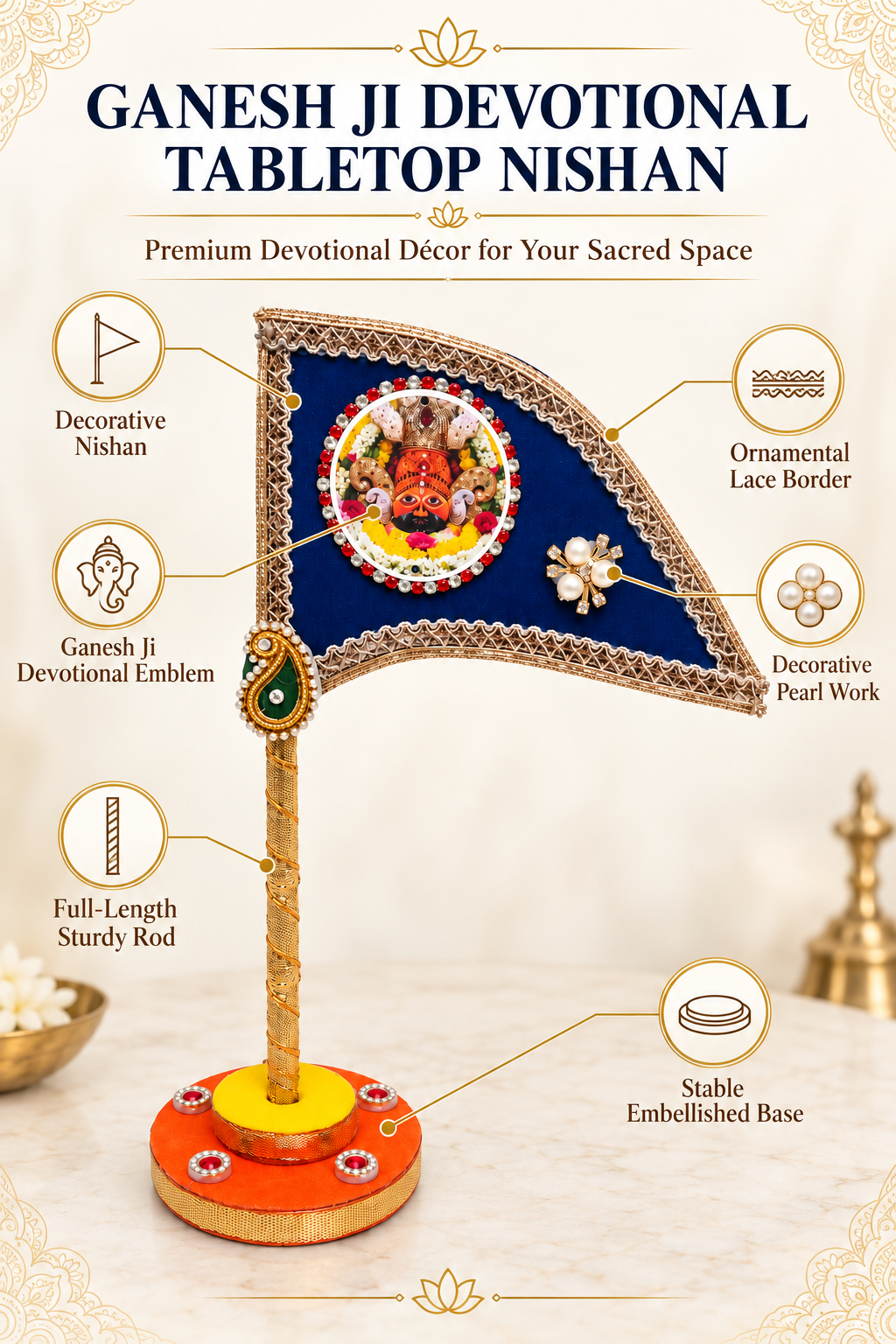 Khatu Shyam Ji Decorative Tabletop Nishan Dhwaja – Blue Religious Flag with Stand for Car Dashboard, Home Mandir & Office