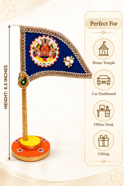 Khatu Shyam Ji Decorative Tabletop Nishan Dhwaja – Blue Religious Flag with Stand for Car Dashboard, Home Mandir & Office