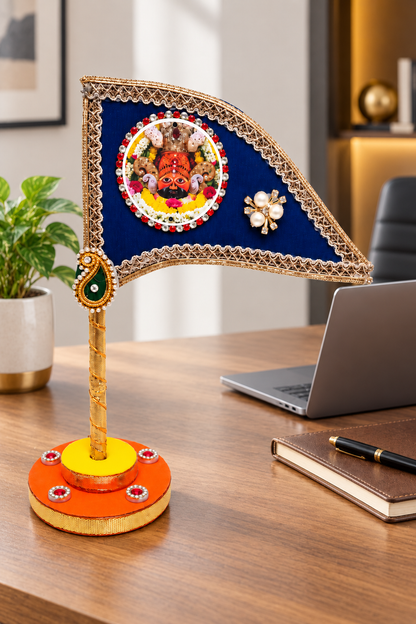 Khatu Shyam Ji Decorative Tabletop Nishan Dhwaja – Blue Religious Flag with Stand for Car Dashboard, Home Mandir & Office