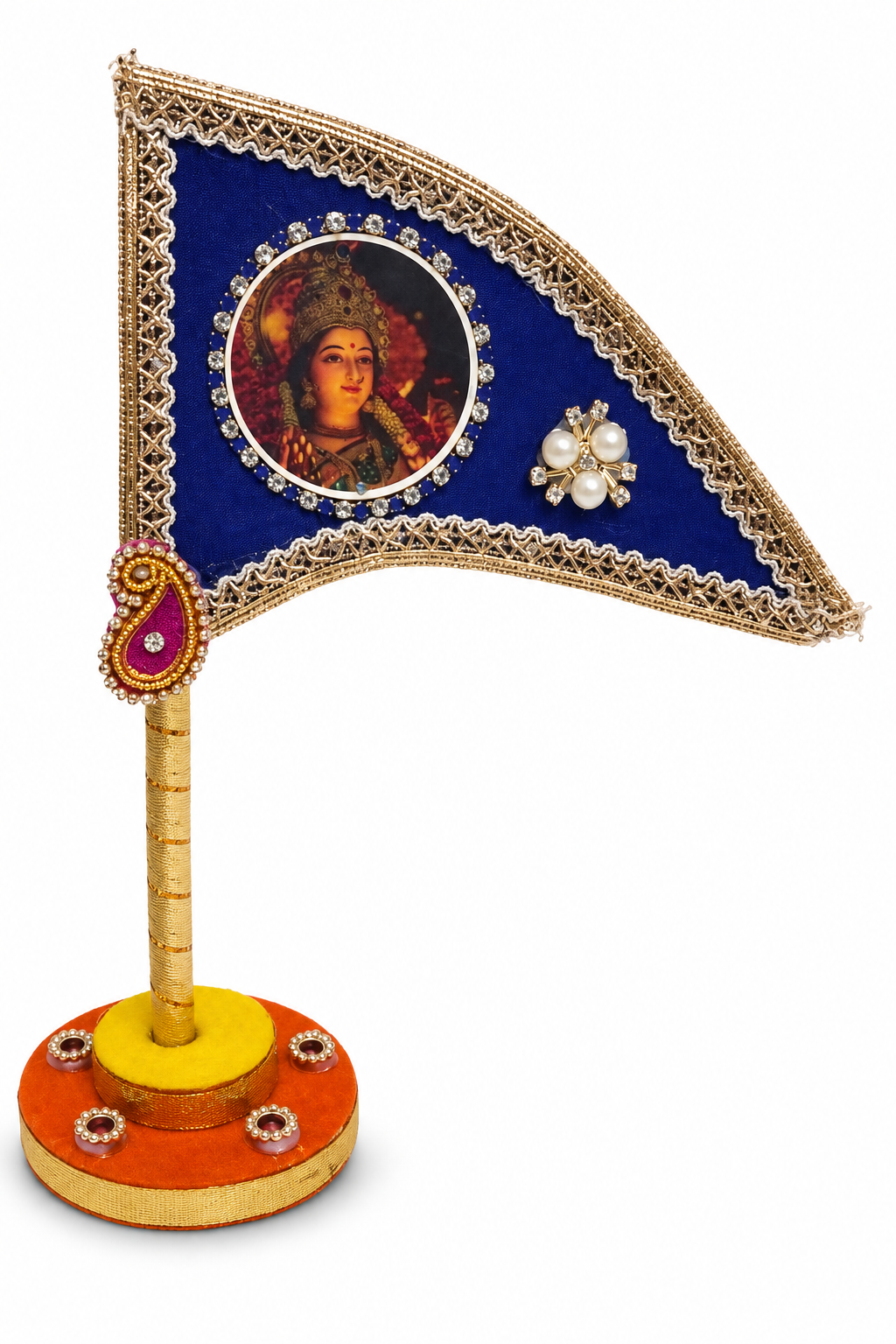 Durga Maa Decorative Tabletop Nishan Dhwaja – Blue Mata Rani Flag with Stand for Car Dashboard, Home Mandir & Office