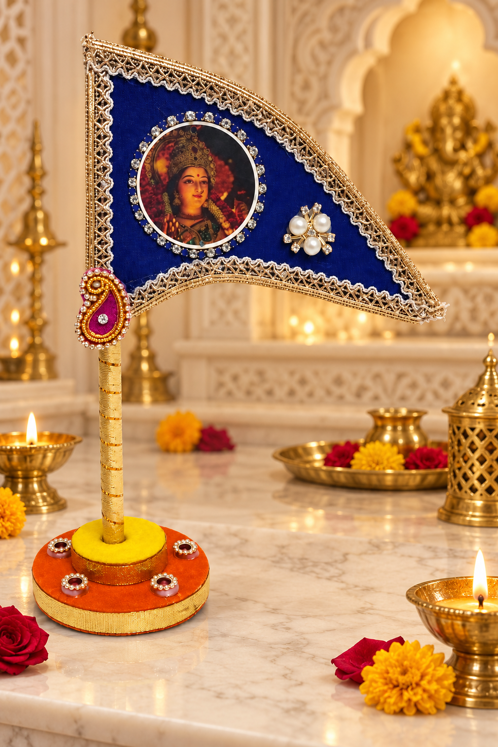 Durga Maa Decorative Tabletop Nishan Dhwaja – Blue Mata Rani Flag with Stand for Car Dashboard, Home Mandir & Office