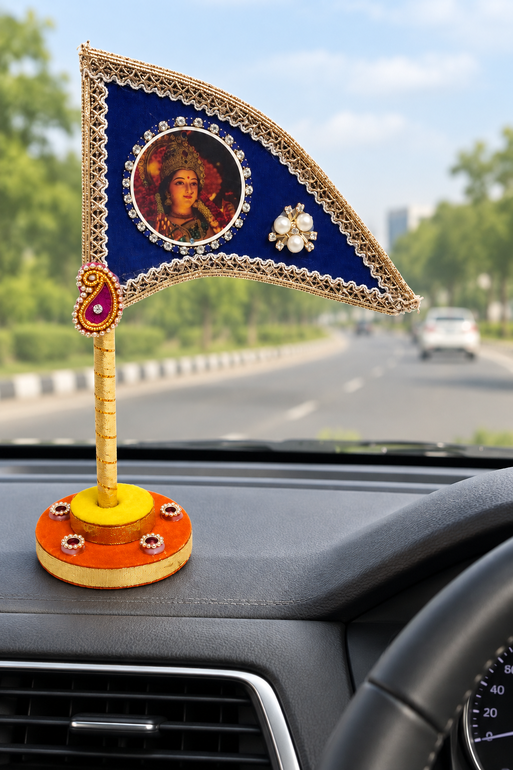 Durga Maa Decorative Tabletop Nishan Dhwaja – Blue Mata Rani Flag with Stand for Car Dashboard, Home Mandir & Office