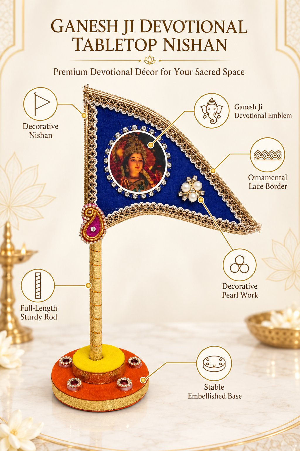 Durga Maa Decorative Tabletop Nishan Dhwaja – Blue Mata Rani Flag with Stand for Car Dashboard, Home Mandir & Office