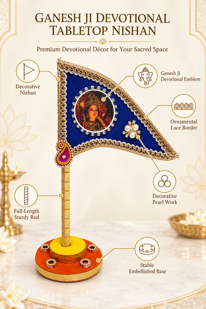 Durga Maa Decorative Tabletop Nishan Dhwaja – Blue Mata Rani Flag with Stand for Car Dashboard, Home Mandir & Office