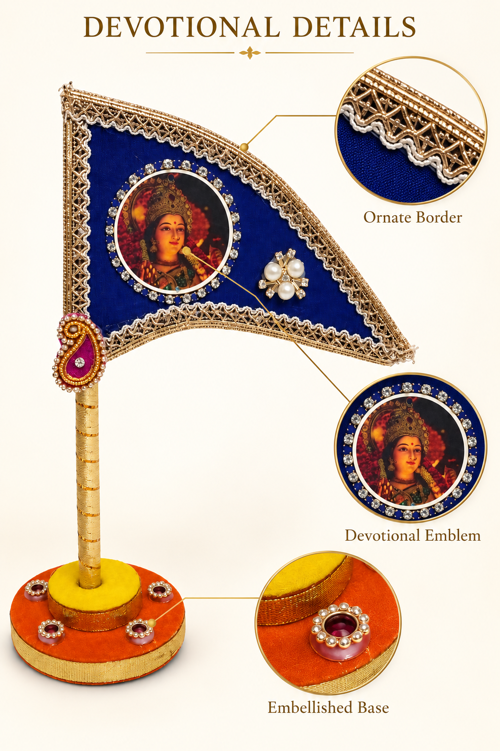 Durga Maa Decorative Tabletop Nishan Dhwaja – Blue Mata Rani Flag with Stand for Car Dashboard, Home Mandir & Office