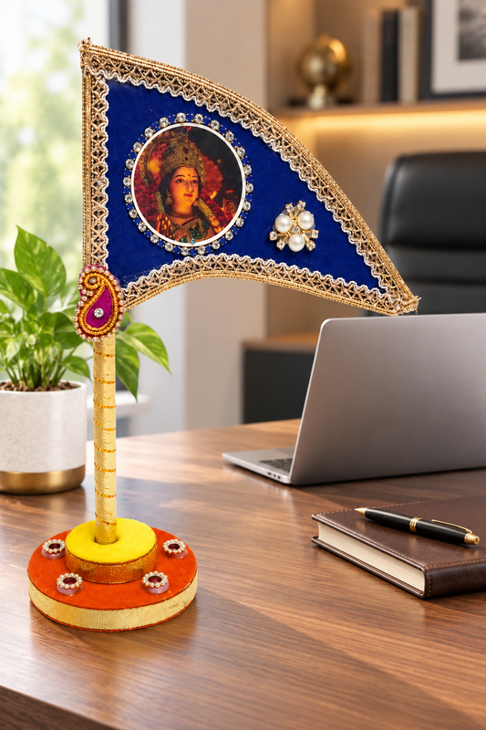 Durga Maa Decorative Tabletop Nishan Dhwaja – Blue Mata Rani Flag with Stand for Car Dashboard, Home Mandir & Office
