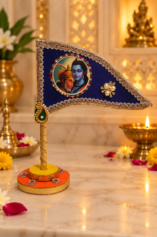 Shri Ram Hanuman Ji Decorative Tabletop Nishan Dhwaja – Blue Religious Flag with Stand for Car Dashboard, Home Mandir & Office