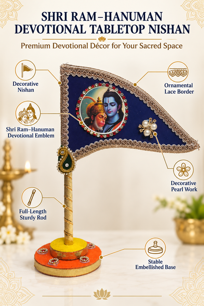 Shri Ram Hanuman Ji Decorative Tabletop Nishan Dhwaja – Blue Religious Flag with Stand for Car Dashboard, Home Mandir & Office