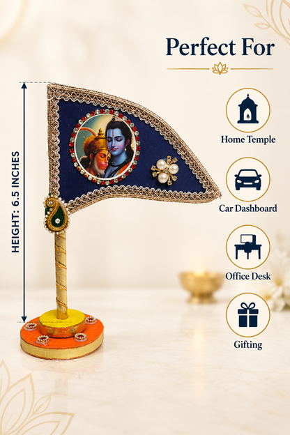 Shri Ram Hanuman Ji Decorative Tabletop Nishan Dhwaja – Blue Religious Flag with Stand for Car Dashboard, Home Mandir & Office