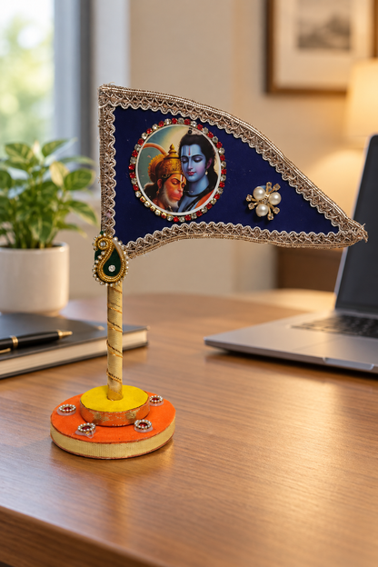 Shri Ram Hanuman Ji Decorative Tabletop Nishan Dhwaja – Blue Religious Flag with Stand for Car Dashboard, Home Mandir & Office