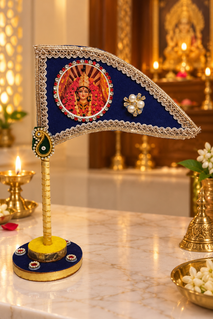 Mata Rani Decorative Car Dashboard Nishan Dhwaja – Blue Durga Maa Flag with Stand for Home Mandir, Office & Religious Gifting