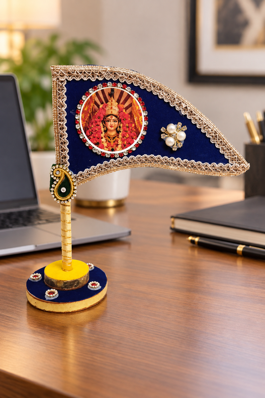 Mata Rani Decorative Car Dashboard Nishan Dhwaja – Blue Durga Maa Flag with Stand for Home Mandir, Office & Religious Gifting