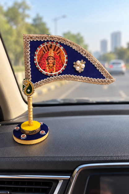Mata Rani Decorative Car Dashboard Nishan Dhwaja – Blue Durga Maa Flag with Stand for Home Mandir, Office & Religious Gifting