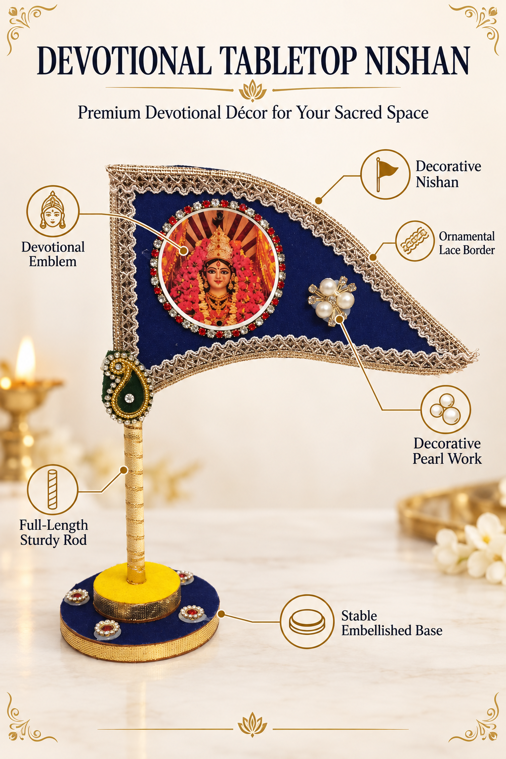 Mata Rani Decorative Car Dashboard Nishan Dhwaja – Blue Durga Maa Flag with Stand for Home Mandir, Office & Religious Gifting