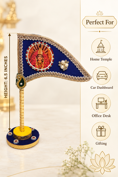 Mata Rani Decorative Car Dashboard Nishan Dhwaja – Blue Durga Maa Flag with Stand for Home Mandir, Office & Religious Gifting
