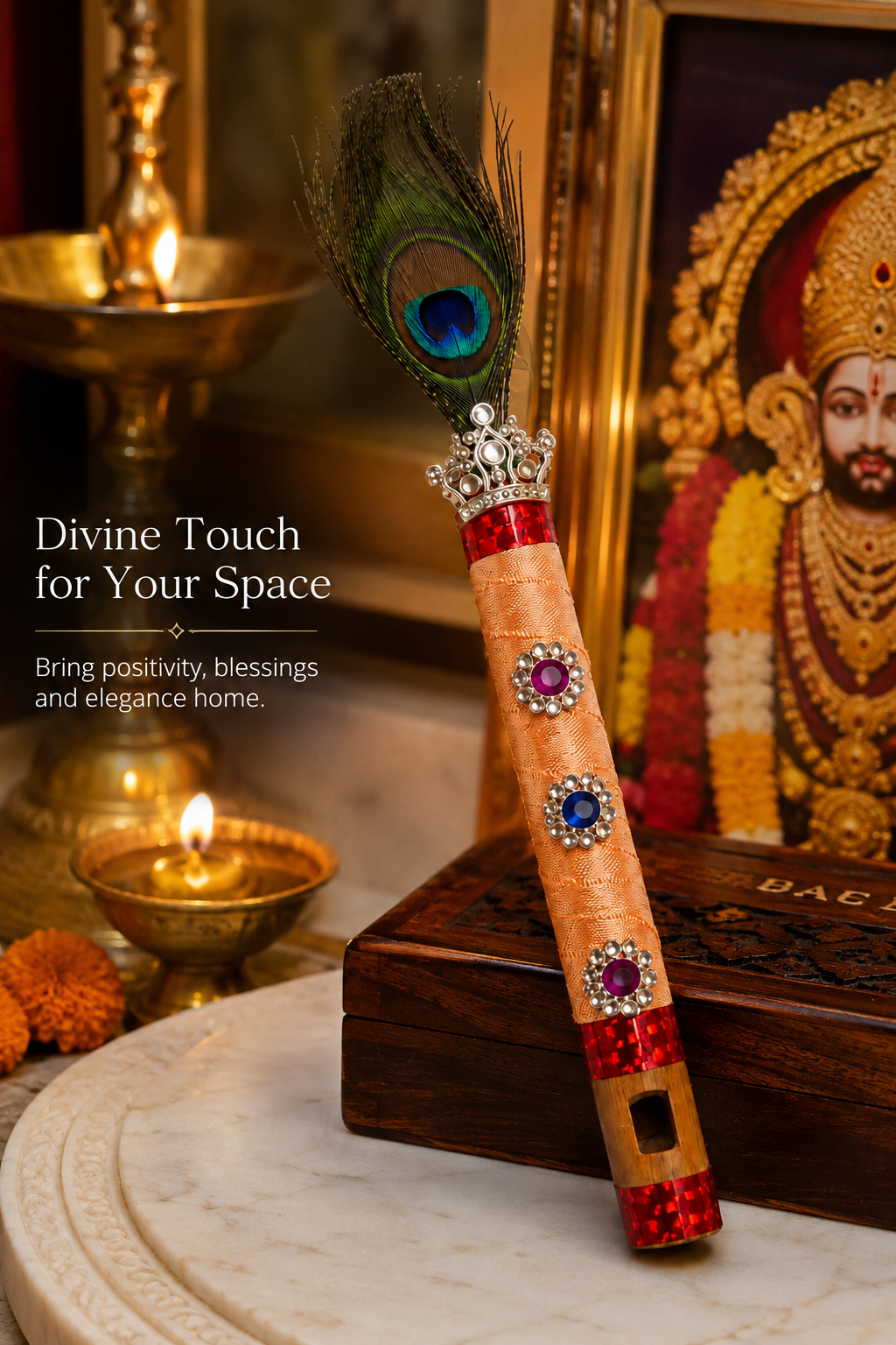 Premium Peacock Feather Flute | Krishna Bansuri Decorative Flute with Stone Work