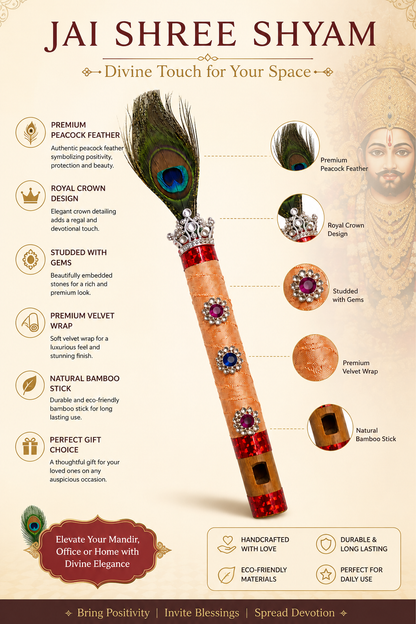 Premium Peacock Feather Flute | Krishna Bansuri Decorative Flute with Stone Work